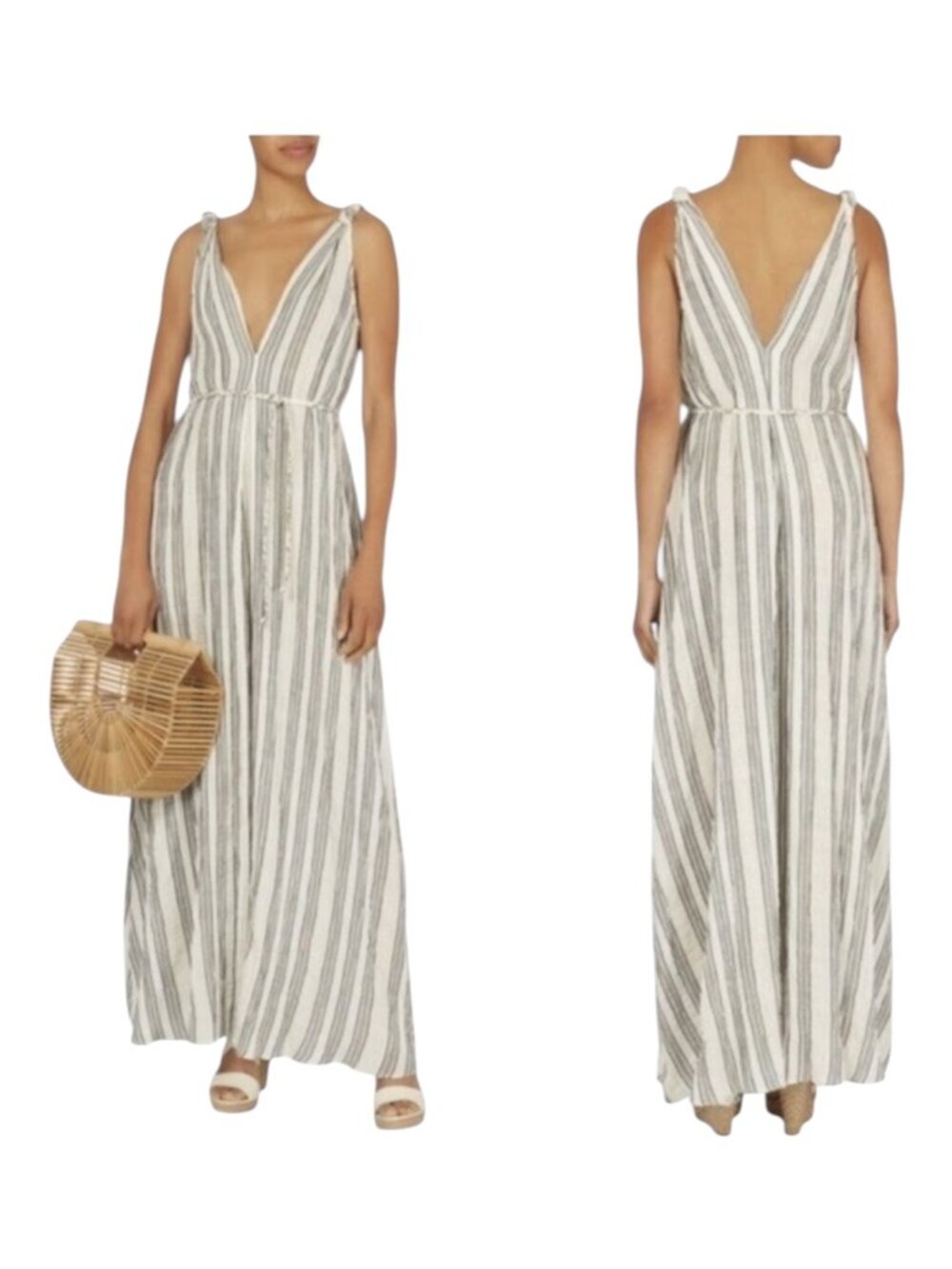 LoveShackFancy Dress Women XS Ivory Gray Striped Georgica Maxi Luxury‎ Boho